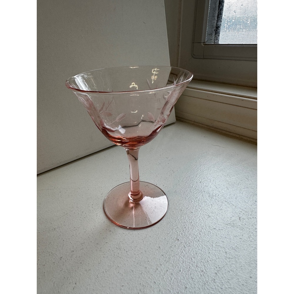 Vintage Pink Depression Glass Etched Floral Martini Coupe Glass 6 Inch Stemware